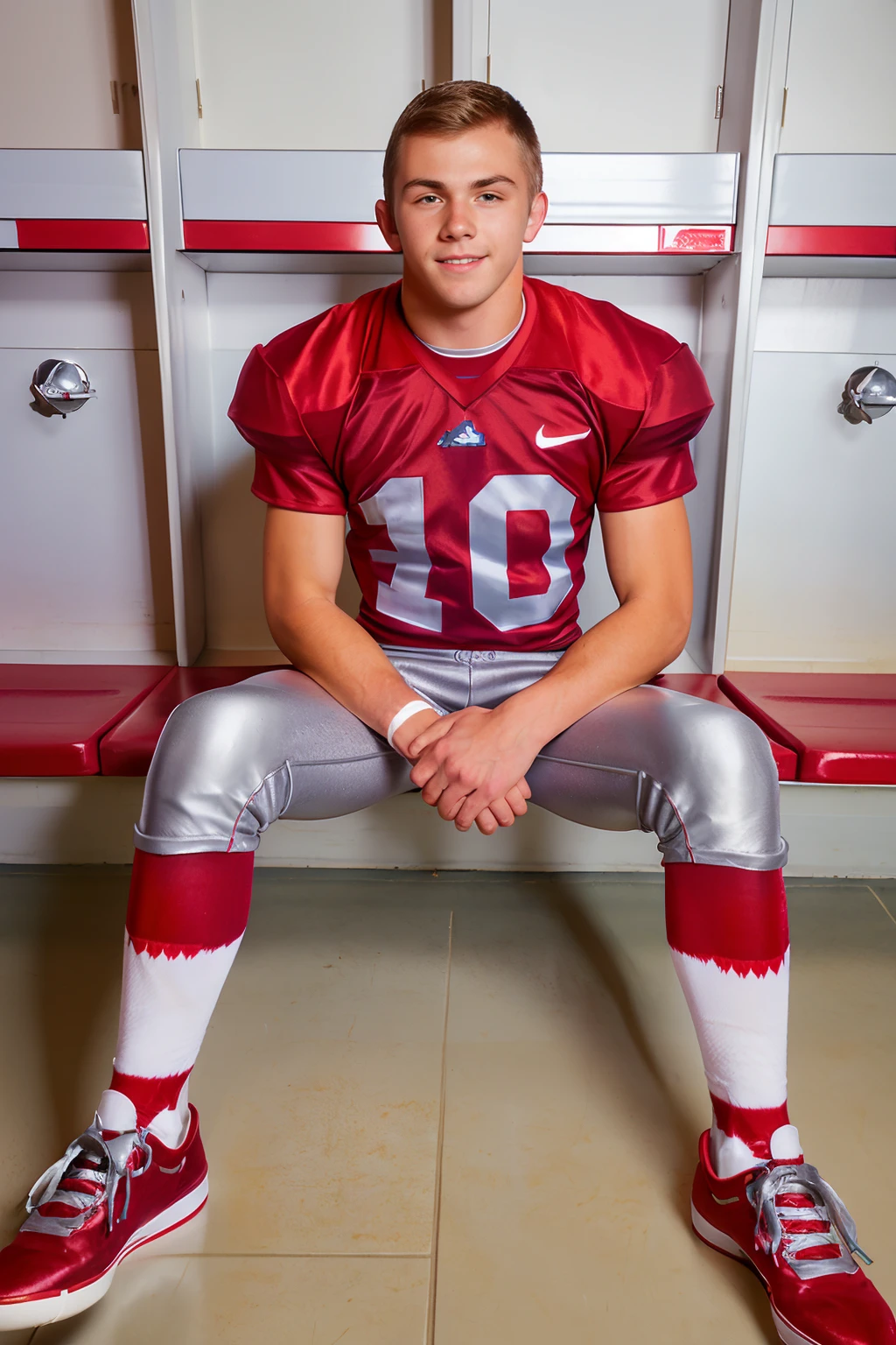 locker room, sitting on a bench, in front of lockers, slightly smiling, KodyKnight is an (American football player), wearing (football uniform:1.2), (red jersey:1.4), red (shoulder pads), jersey number 11, (pale silver football pants:1.4), (red socks:1.4), long socks, (black sneakers:1.4), (caucasian male), (((full body portrait))), wide angle  <lora:KodyKnight:0.8>