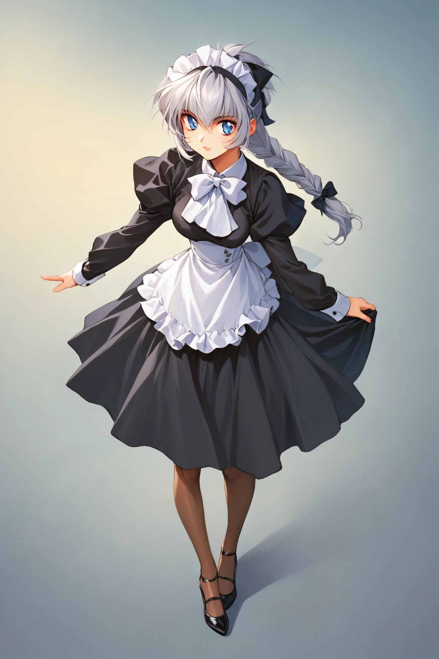 score_9,score_8_up,score_7_up,masterpiece,best quality,
Teletha Testarossa,1girl,solo,telethamaid,grey hair,hair bow,blue eyes,braided ponytail,floating hair,black footwear,high heels,mary janes,black dress,long dress,brown pantyhose,frills,petticoat,maid apron,long apron,maid headdress,long sleeves,white bowtie,standing,traditional media,retro artstyle,
<lora:Shiki Doji_PONY_XL:1.4>,