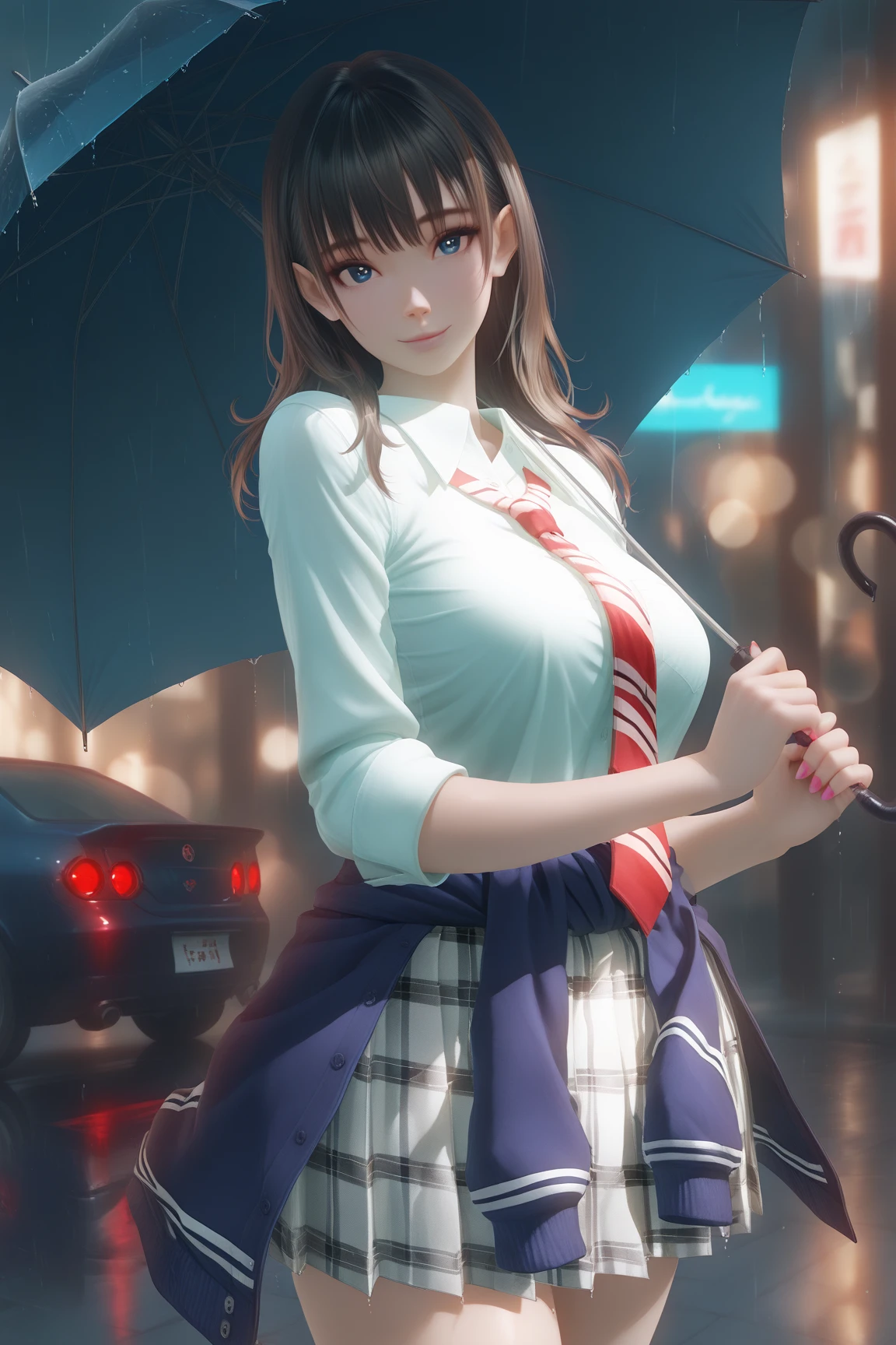 masterpiece,best quality,amazing quality,very aesthetic,absurdres,newest,impactful picture,
nanami \(doa\), 1girl,solo,blue_umbrella,holding umbrella, looking at viewer,light smile, head tilt, large breasts,school uniform, necktie, striped necktie, sweater around waist, clothes around waist, sleeves rolled up, wing collar, white shirt, skirt, plaid, plaid skirt, pink nails, nail polish, upper body,rainy cityscape, Reflection of light,rim lighting,bokeh,sidewalk,runing cars,motion_blur,light light_trail,convenient_store at a side,backlighting,dark,midnight,dramatic lighting,high_contrast,
 <lora:doa_nanami_noobXL_vpre09r_v10:1.7>