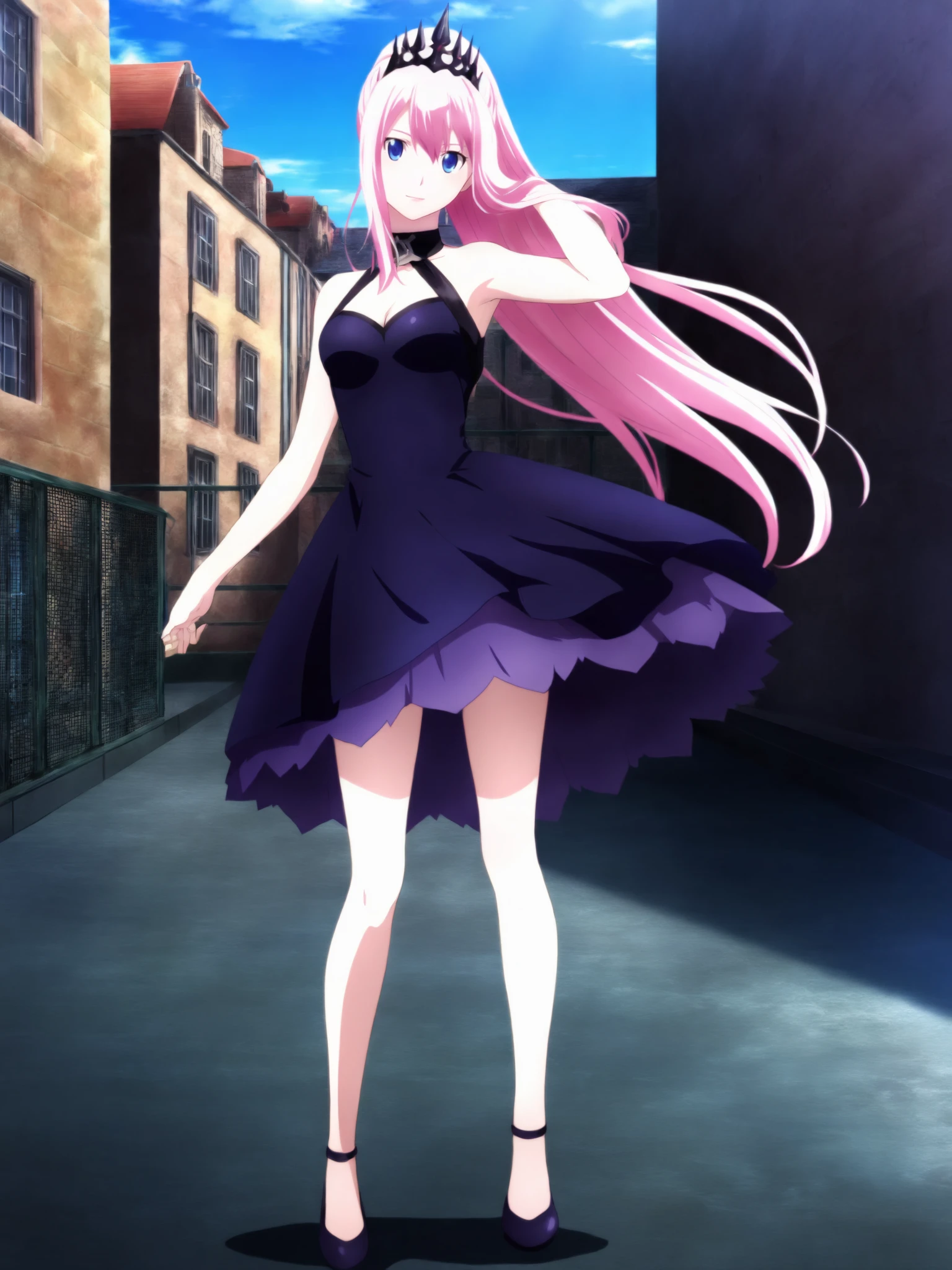 masterpiece,best quality,selie, 1girl, anime coloring, solo,6_Shionne_01B_Black_Dress_ThornsDress, shionne 01b, pale skin, (long hair),  pink hair(blue eyes), black dress, dress 1girl, solo, breasts, looking at viewer, dress, bare shoulders, closed mouth, standing, full body, pink hair, sleeveless, sleeveless dress, crown, purple dress, ,light smile, hand in hair,floating hair, rooftop, chain-link fence,  bright day , blue sky (A bustling city street bathed in crisp morning light at 10 a.m., with vibrant shadows and a clear sky:1.3),  <lora:Shionne_Black_Dress:0.8>