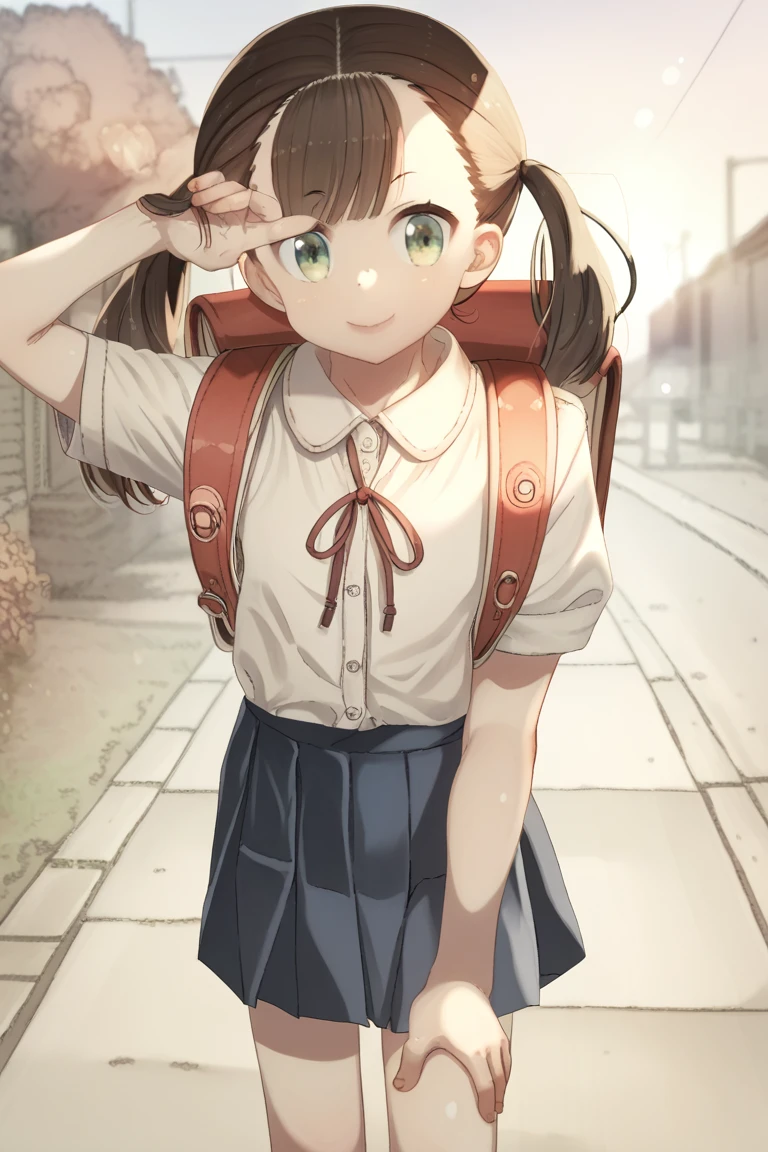 , score_9, score_8_up, score_7_up,    ozzzzyStyle, 1girl, backpack, bag, blue skirt, brown hair, closed mouth, commentary request, green eyes, hair intakes, hand on own knee, heart, heart in eye, lens flare, long hair, looking at viewer, original, outdoors, ozzzzy, pleated skirt, randoseru, road, skirt, smile, solo, symbol in eye, twintails, w