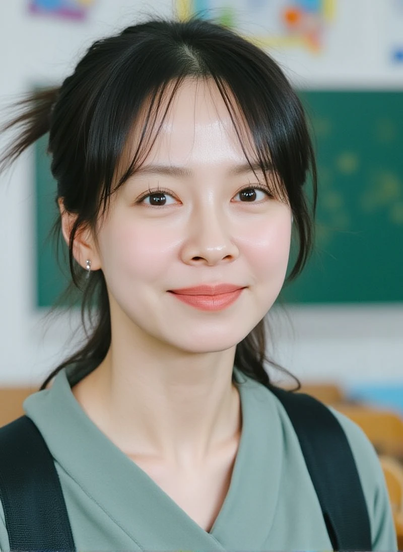 A high-resolution, tight portrait of songjihyo as a Korean school teacher in a modern classroom setting. She has a kind yet confident expression, with warm eyes and a gentle smile that conveys approachability and intelligence. The background is softly blurred, showcasing a typical classroom with a chalkboard, neatly arranged desks, and colorful educational posters. Natural, diffused lighting highlights her features, creating an inviting and inspiring atmosphere. The muted, realistic color palette complements her calm and nurturing presence, embodying the essence of a dedicated educator.<lora:SkinDetails_flux_lora_v8:0.8> <lora:UltraRealPhoto:0.7> <lora:songjihyov2:1>