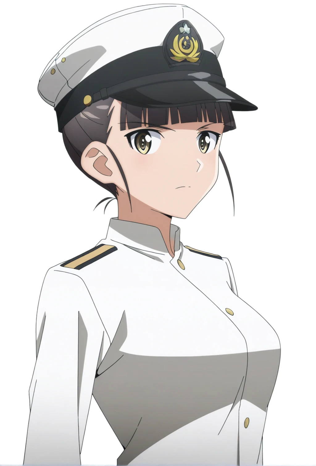 1girl, sakamoto mio, Strike Witches, RtBStyle, uniform, yellow eyes, simple background, white background, upper body, hat, looking at viewer,<lora:rtb-epoch-000007:1>, (newest masterpiece best quality highres absurdres:1.0)