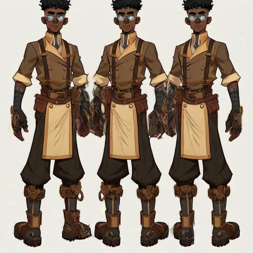 Mechanist boots, black hair, boots, dark skin, gloves, belt, dark-skinned male, male focus, Mechanist gloves, brown gloves, Glasses, Mechanist clothes, white background, brown shirt