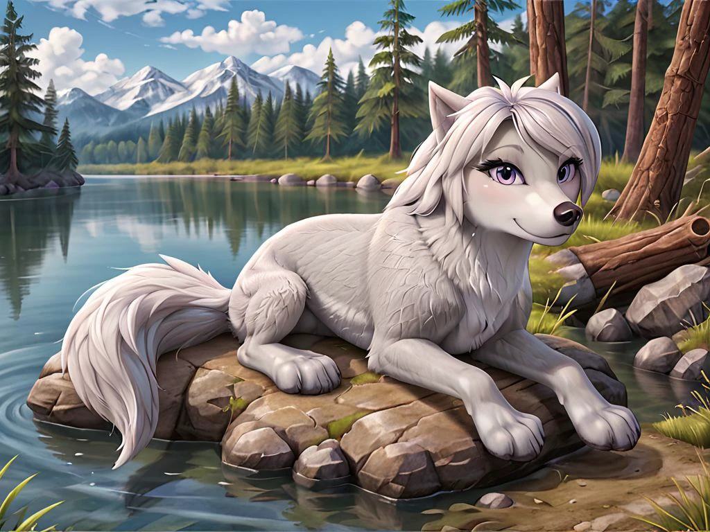 ((feral)), quadruped, wolf in detailed forest, lake, female, detailed silver-gray and white fur, lilly wolf, fluffy fur, (lavender eyes), female, smile, solo, detailed eyes, anatomically correct, body correct, (lying), cute, wolf tail correct, three-fingered paws, full body, beautifull effect, <lora:LillySDXL1:0.8>