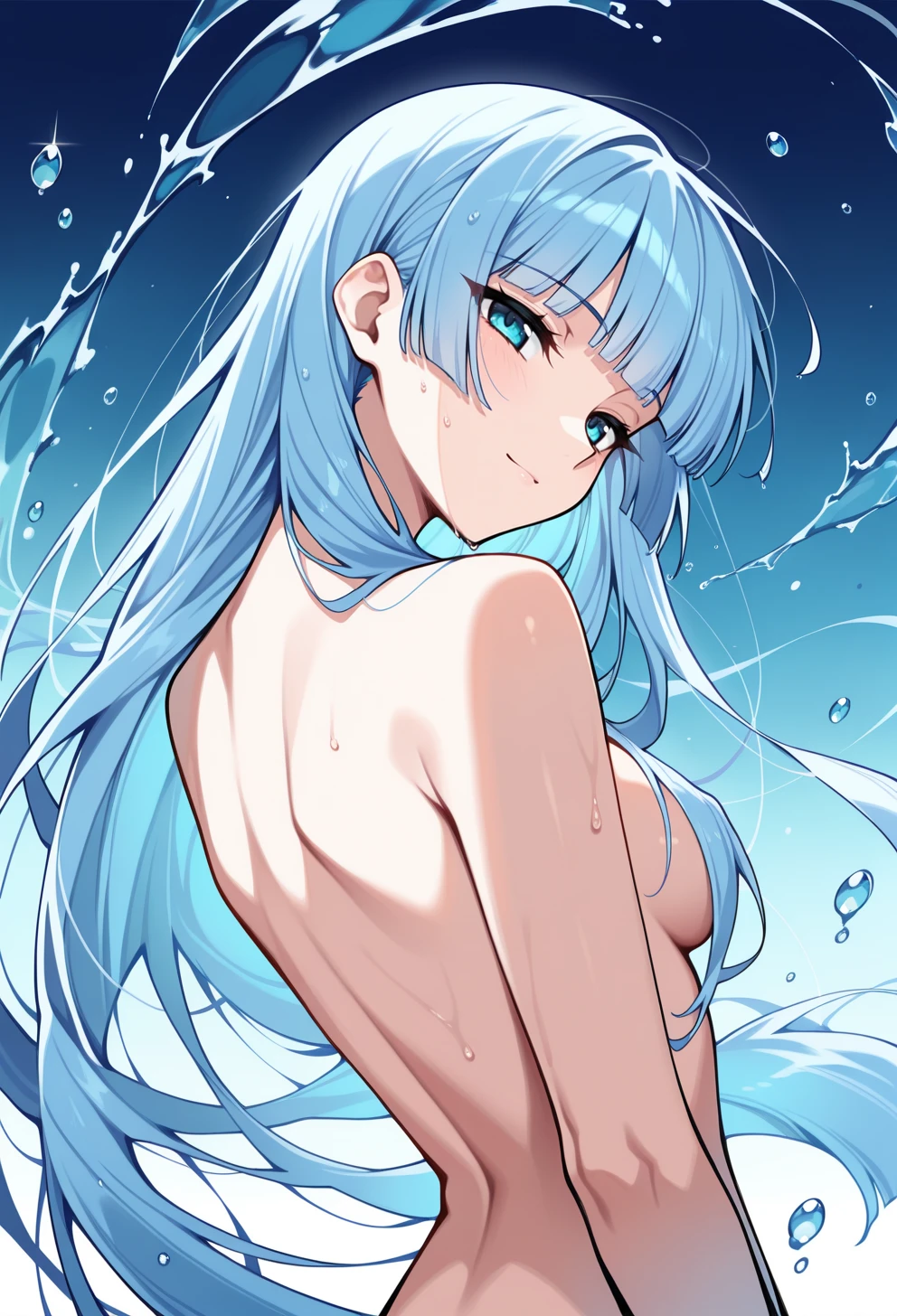 masterpiece, Best quality, anime style, Aqua from the anime Konosuba naked, blue hair