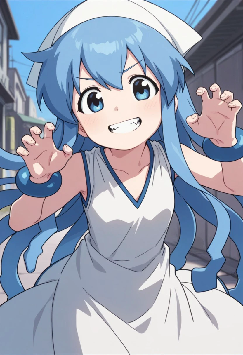 masterpiece, best quality, 
ika, 1girl, solo, blue eyes, blue hair, tentacle hair, long hair, hat, white headwear, dress, sleeveless dress, white dress, jewelry, claw pose, smile, grin,
outdoor, floating hair, fangs, parody