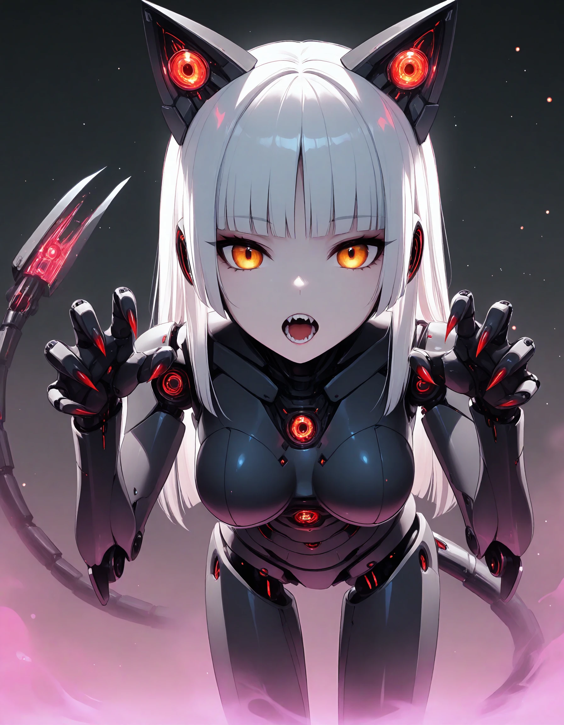 dasiwaAndD, 1girl, solo, android ,hime-cut hair, opal hair, looking at viewer, amber eyes, light particles, cat ears, bangs, robot joints, medium breasts, science fiction, glowing, bent forward, seductive, background vivid liquid fog, cat pose, teeth, open mouth, canine teeth, claw pose, long sharp nails, robot tail,