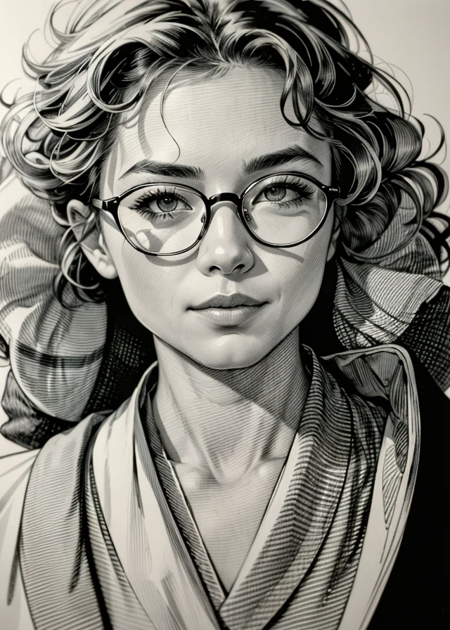 best quality,masterpiece,highly detailed,ultra-detailed, 
<lora:neg9V2_8:0.25>   
1girl, curly hair, glasses, greyscale, jacket, looking at viewer, messy hair, monochrome, shirt, simple background, solo, wavy hair
a drawing of a woman with glasses on her face and a black shirt on her shirt is shown in the background, Cedric Peyravernay, stanley artgerm lau, a comic book panel, modern european ink painting
 etching crosshatch sketch 
 <lora:sketch_V09:1:lbw=ALL:step=1-10>,