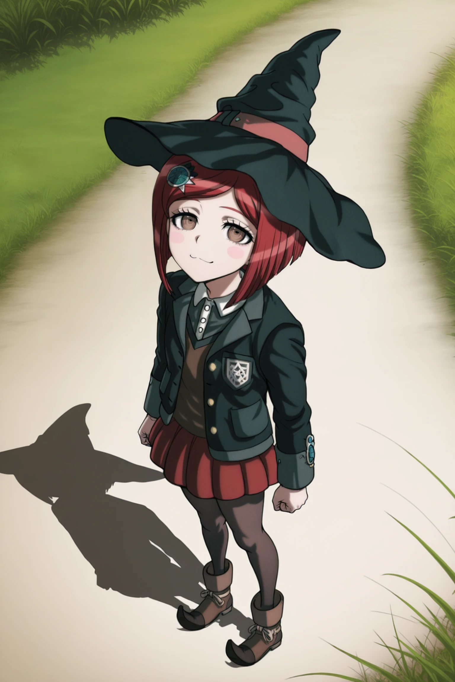 anime screencap, masterpiece, best quality, amazing quality, very aesthetic, absurdres,  newest, (scenery, volumetric lighting),
yumeno himiko, wizard outfit, official style, 1girl, solo, looking at viewer, smile, short hair, miniskirt, hair ornament, wizard hat, looking up at viewer, brown eyes, clenched hand, blazer, pantyhose, eyelashes, pale skin, flat chest, school uniform, eyebrows, red hair, pleated skirt, hairclip, :3, shadow, red miniskirt, from above, blush stickers, grass, pointy footwear, badge, arms at sides, buttons, standing, boots
 <lora:HimikoYumeno_IL:0.8>