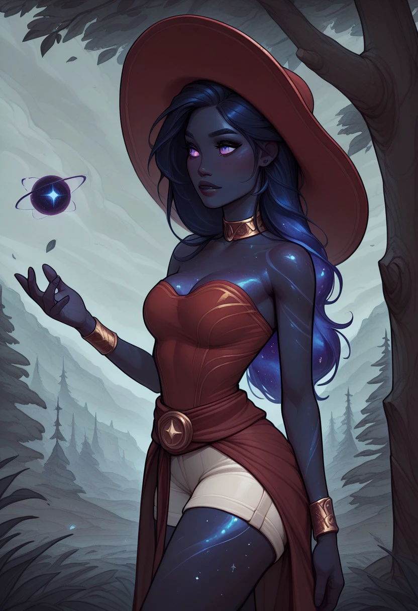 masterpiece, best quality, absurdres, frostbite, Nyx, (nv-celestialskin, colored skin, void cosmic body:1.4), celestial eyes, long black celestial hair, slender and regal physique, large breasts, (red headwear, hat:1.2), bracelet, jewelry, neck ring, red shirt, sash, short sash, shirt, shorts, strapless, strapless shirt, waist cape, white shorts, set on a grassy knoll, under a large oak tree,