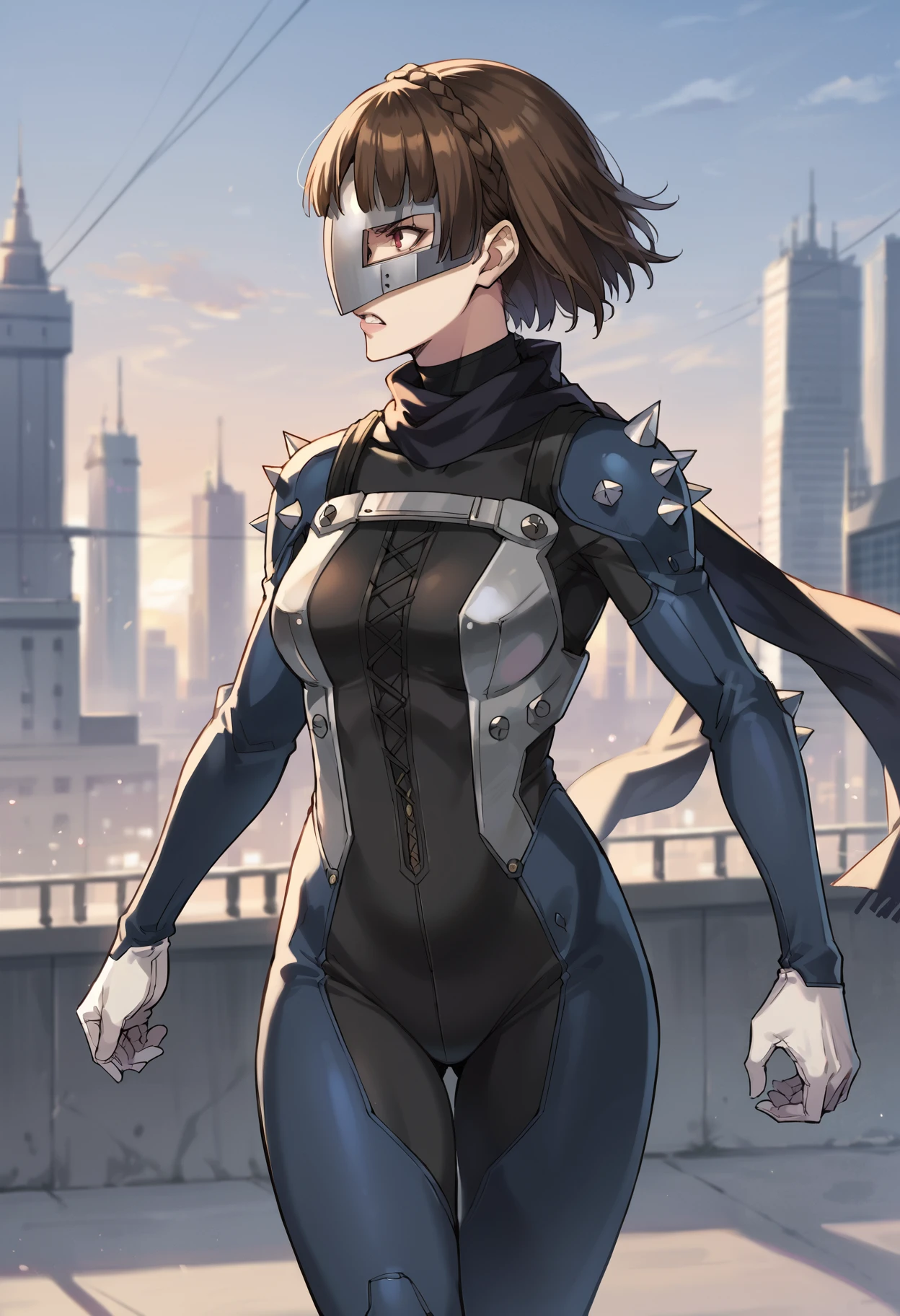 score_9, score_8_up, score_7_up, (source_anime), 1 girl, solo, nsfw, aged up,
p5makoto, p5makotoqueen, niijima makoto, short hair, bangs, brown hair, gloves, standing, braid, white gloves, scarf, bodysuit, mask, spikes, clenched hands, black bodysuit, crown braid, shoulder spikes
outdoors, cityscape, dynamic pose, yelling, angry, profile, running, nighttime, dark, starlight, shadows,
masterpiece, best quality,