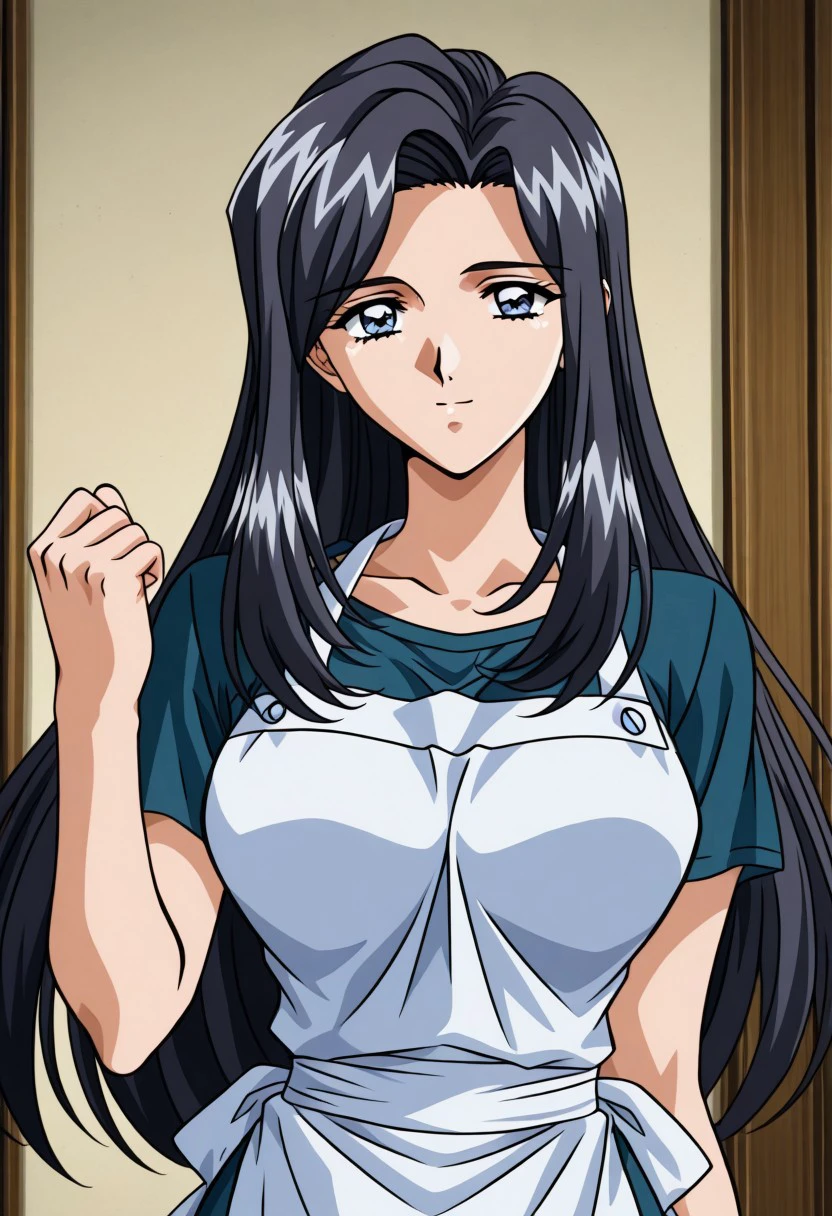 masterpiece, best quality, newest, highres, uncensored, 1girl, yokota mamoru style,1girl,
Nami Koihime OVA, long hair, black hair, forehead,blue eyes, large breasts, 1990s (style)
1girl, solo, long hair, apron, black hair, looking at viewer, short sleeves, grey eyes, upper body, clenched hand, grey hair