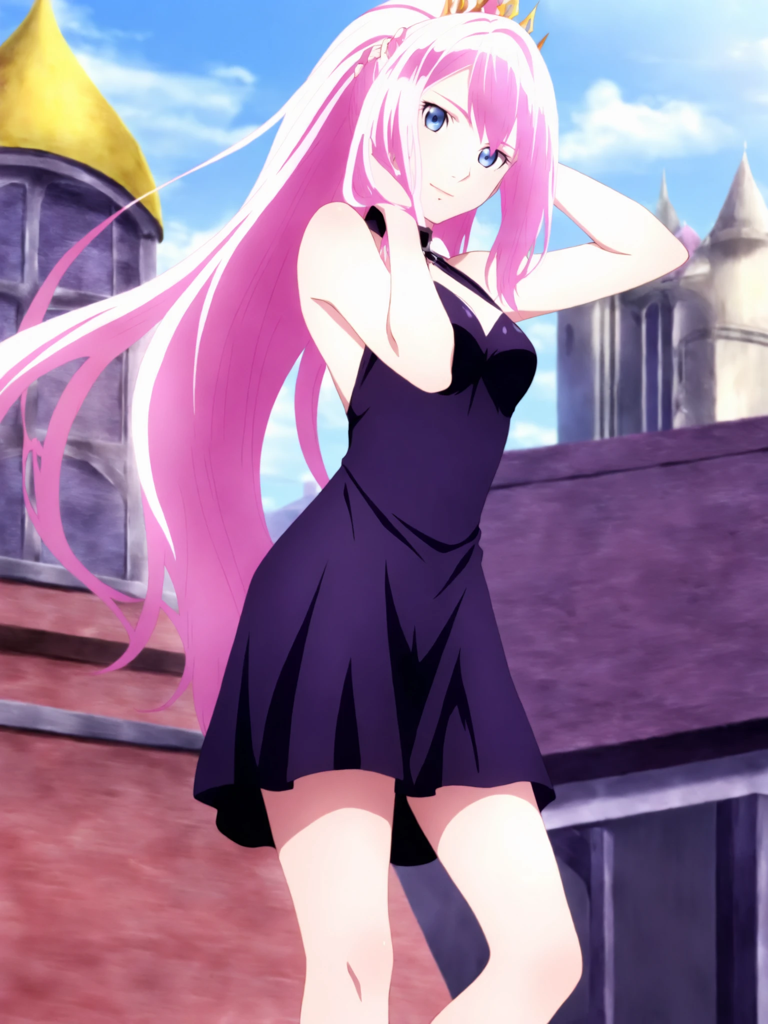 masterpiece,best quality,selie, 1girl, anime coloring, solo,6_Shionne_01B_Black_Dress_ThornsDress, shionne 01b, pale skin, (long hair),  pink hair(blue eyes), black dress, dress 1girl, solo, breasts, looking at viewer, dress, bare shoulders, closed mouth, standing, full body, pink hair, sleeveless, sleeveless dress, crown, purple dress, ,light smile, hand in hair,floating hair, rooftop, chain-link fence,  bright day , blue sky (A bustling city street bathed in crisp morning light at 10 a.m., with vibrant shadows and a clear sky:1.3),  <lora:Shionne_Black_Dress:1.1>