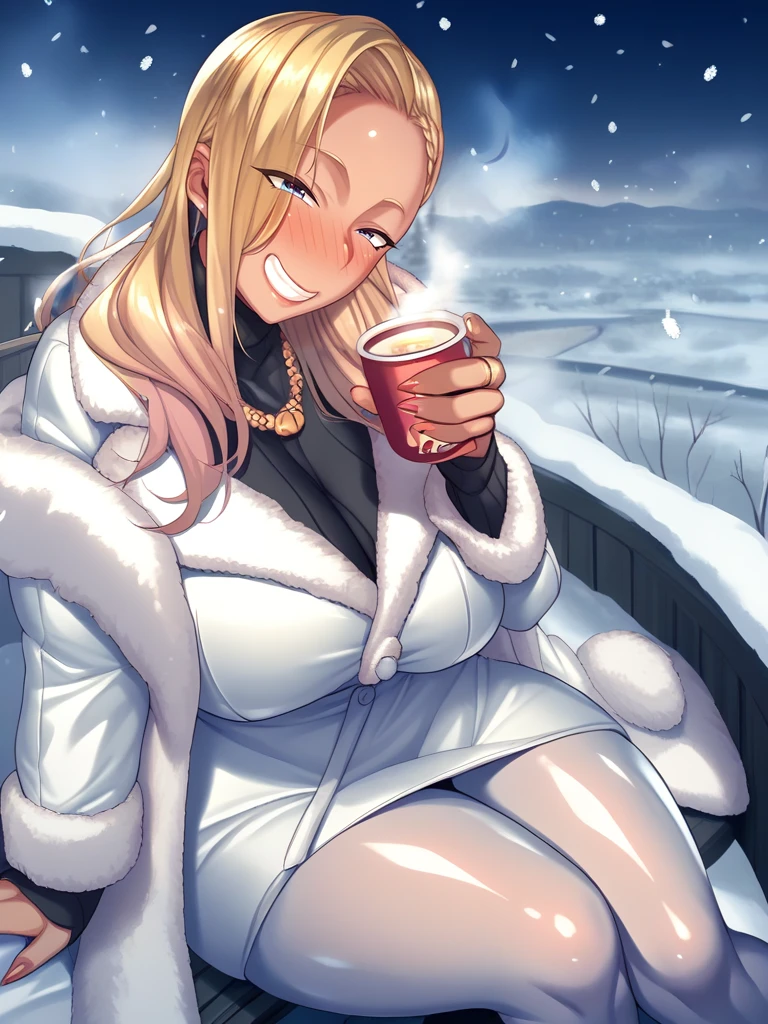 score_9, score_8_up, score_7_up, source_anime, 1girl, solo, gyaru, shiny skin, huge breasts, thick thighs, wide hips, big ass, looking at viewer, seductive smile, grin, blush, long hair, blonde hair, white coat, winter clothes, seductive, jewelry, sitting, (holding a cup of hot smoking drink), scenery, winter, snow, dynamic lighting, winter city, <lora:Yatsuki_Hiyori-000008:1>