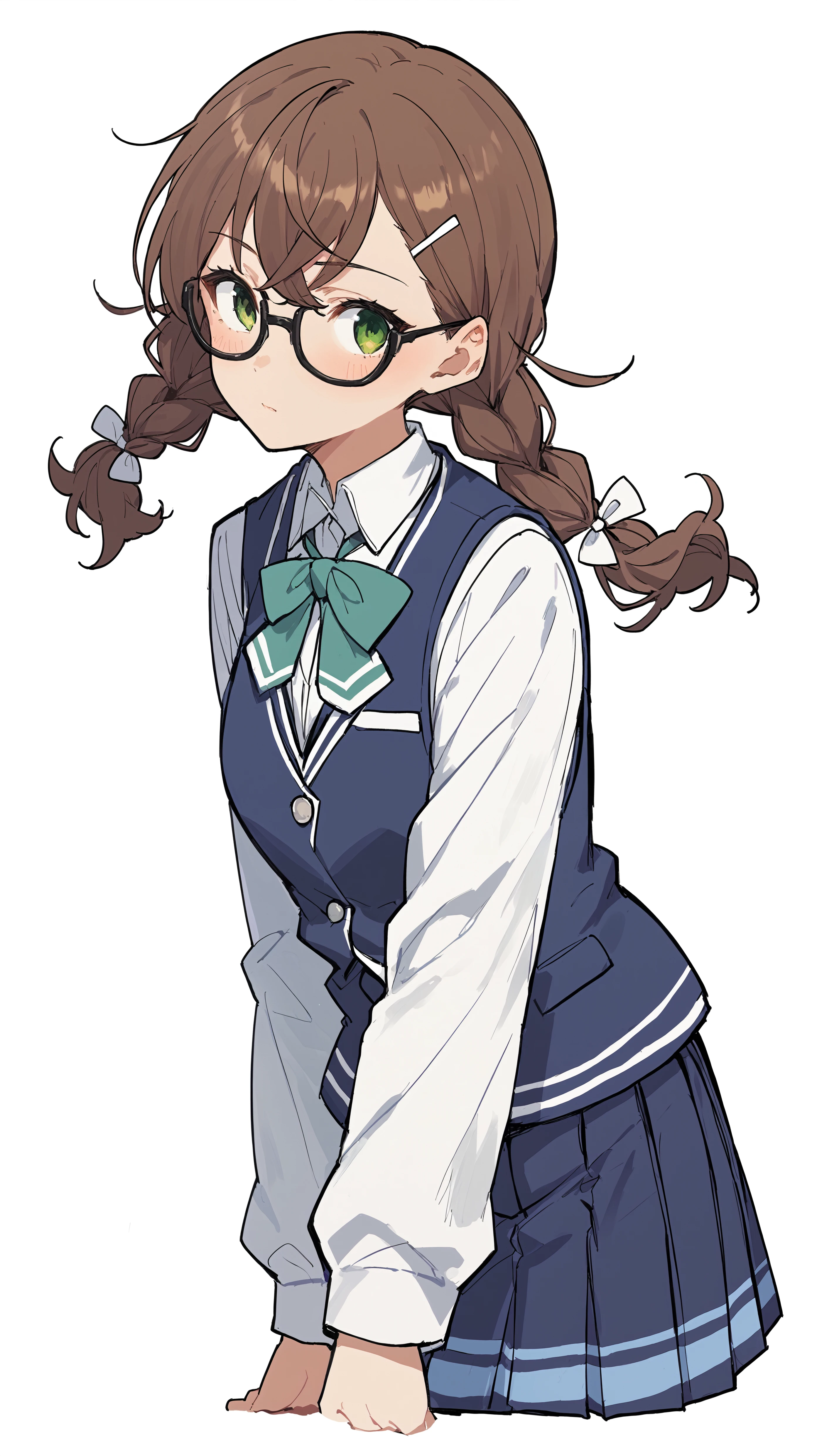 score_9,score_8_up,score_7_up,score_6_up, source_anime, girl, <lora:NariTesh_epoch_15:0.8>, NariTesh, white background, novel illustration, character illustration, school uniform, glasses, blue vest, white sleeves, long sleeves, blue skirt, pleated skirt, green eyes, brown hair, long hair, twintails, braided twintails, two braids,