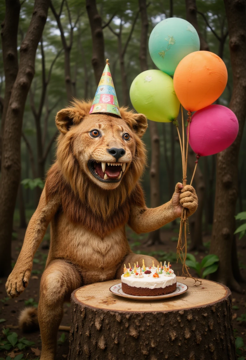 5tuff3d 4n1m4l  , A lion wearing a birthday hat and holding a balloon in a jungle clearing, with a cake set up on a log table.