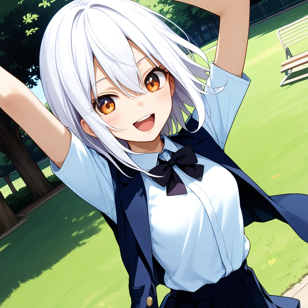 score_9, score_8_up, score_7_up, anime_source, best quality, masterpiece, 1girl, solo focus, solo, uncensored, Expressiveh, 

yanderec, dark orange eyes, white hair, medium hair, bangs, hair between eyes, small breasts, slender, petite,

laughing, dutch angle,

school uniform,

detailed eyes,

detailed background, park,

