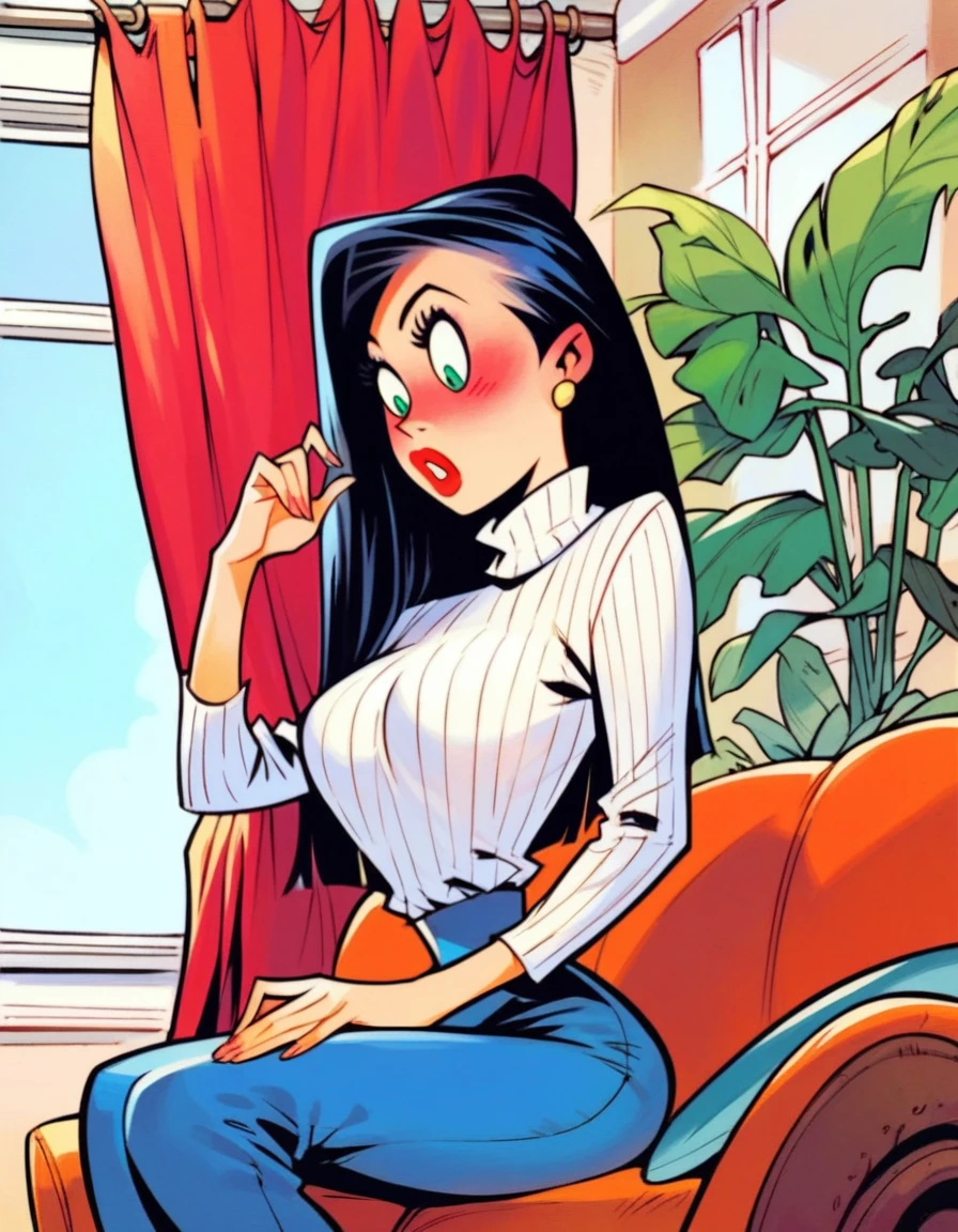 score_9, score_8_up, score_7_up, score_6_up, score_5_up, score_4_up, source_cartoon, bamforth_cartoon,

1girl, solo,

(jessica rabbit:0.8), black hair, long hair, thin waist, green eyes, small breasts, white sweater, blue jeans,

hands on own legs, mouth open, looking down, blush, surprised, sitting, from below, upper body, window, curtains, sky, indoors