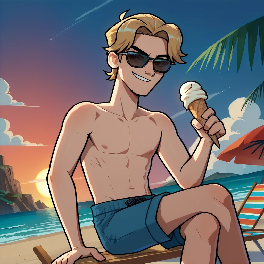 score_9, score_8_up, source_anime, masterpiece, high quality, source_toon, <lora:10:1> dcmillerr, 1boy, blonde hair, male focus, (young:0.5), solo, dutch angle, beach, shorts, topless, sunglasses, smirk, beach chair, sitting, ice-cream, sunset,
<lora:add-detail-xl:1.2>