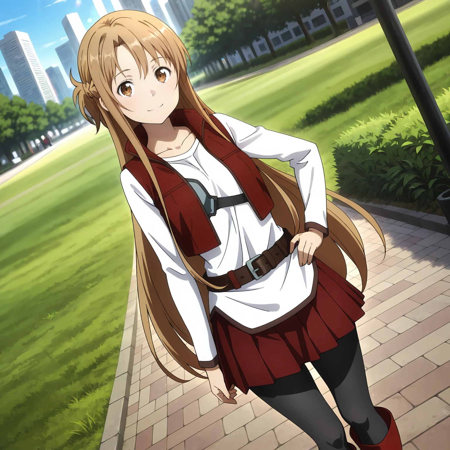 masterpiece,best quality,amazing quality, <lora:IL_Asuna_Sword_art_online_progressive_Aria:0.7> asopavp, asuna \(sao\), brown hair, long hair, half up braid, brown eyes, white shirt, long sleeves, cropped vest, red open vest, untucked shirt, brown belt, red pleated skirt, black pantyhose, red boots, city park, grass, standing, hand on own hip, depth of field, smile, dutch angle, sunlight, lens flare,