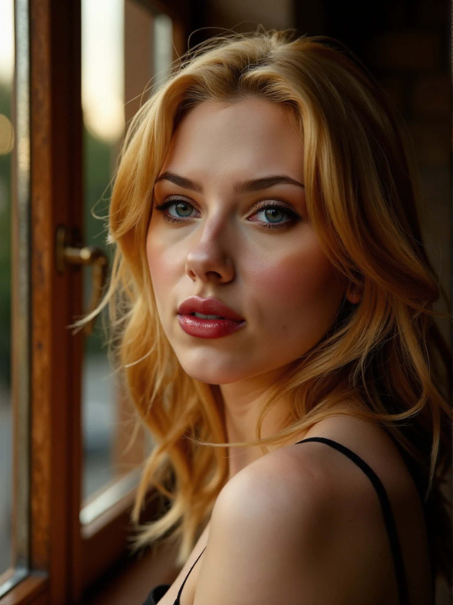 texture <lora:Scarlett_Johansson_v1:1> woman <lora:zz_s_Image_Upgrader:0.25> aidmaimageupgrader <lora:zz_s_Stylish_Lighting:0.5>, moist red lips, eye shadow, eye liner, blush, professional makeup top down close-up, professional photography, light refractions, standing by a large window, sun enters through the window casting a shadow of the window frame across their face as they look back towards the viewer who is on the other side of the glass, golden hour, minidress, thigh highs