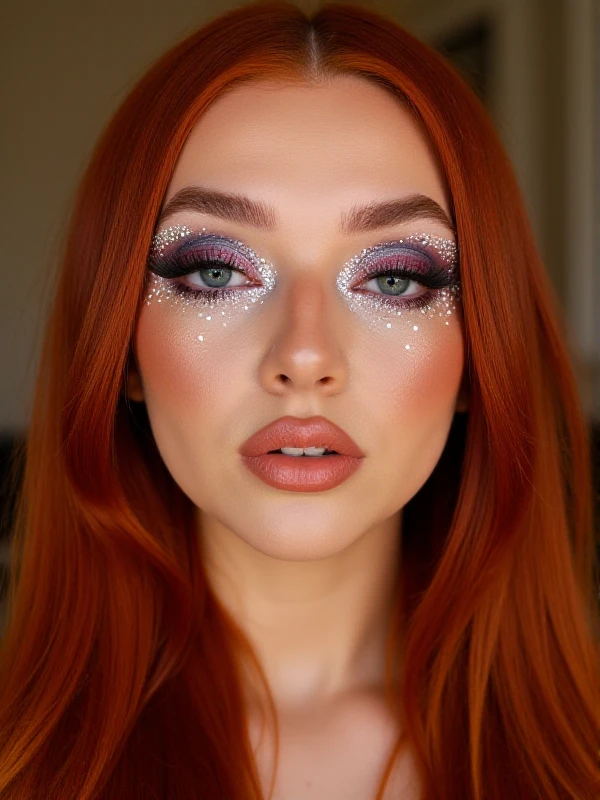 euphoria makeup, portrait, a redhead woman with long hair wearing eye makeup, eyeshadow, glitter, diamonds, frekles. Highly detailed <lora:Euphoria_Makeup_Style-000005:0.9>