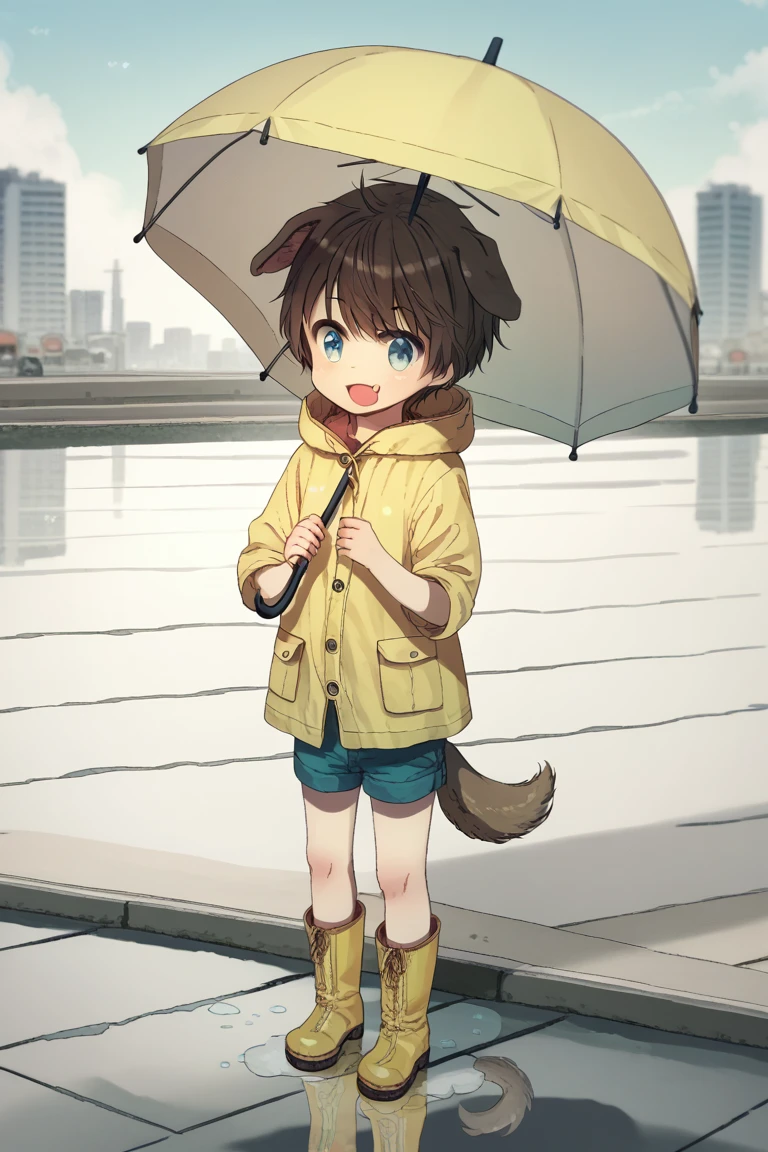 , score_9, score_8_up, score_7_up,    ozzzzyStyle,  1boy, after rain, animal ears, blue eyes, blue shorts, boots, brown hair, child, cityscape, coat, dog ears, dog tail, fang, grey sky, holding, holding umbrella, hood, hooded coat, open mouth, outdoors, puddle, raincoat, reflection, rubber boots, short hair, shorts, sky, sleeves rolled up, smile, solo, standing, tail, umbrella, vanishing point, yellow coat, yellow footwear