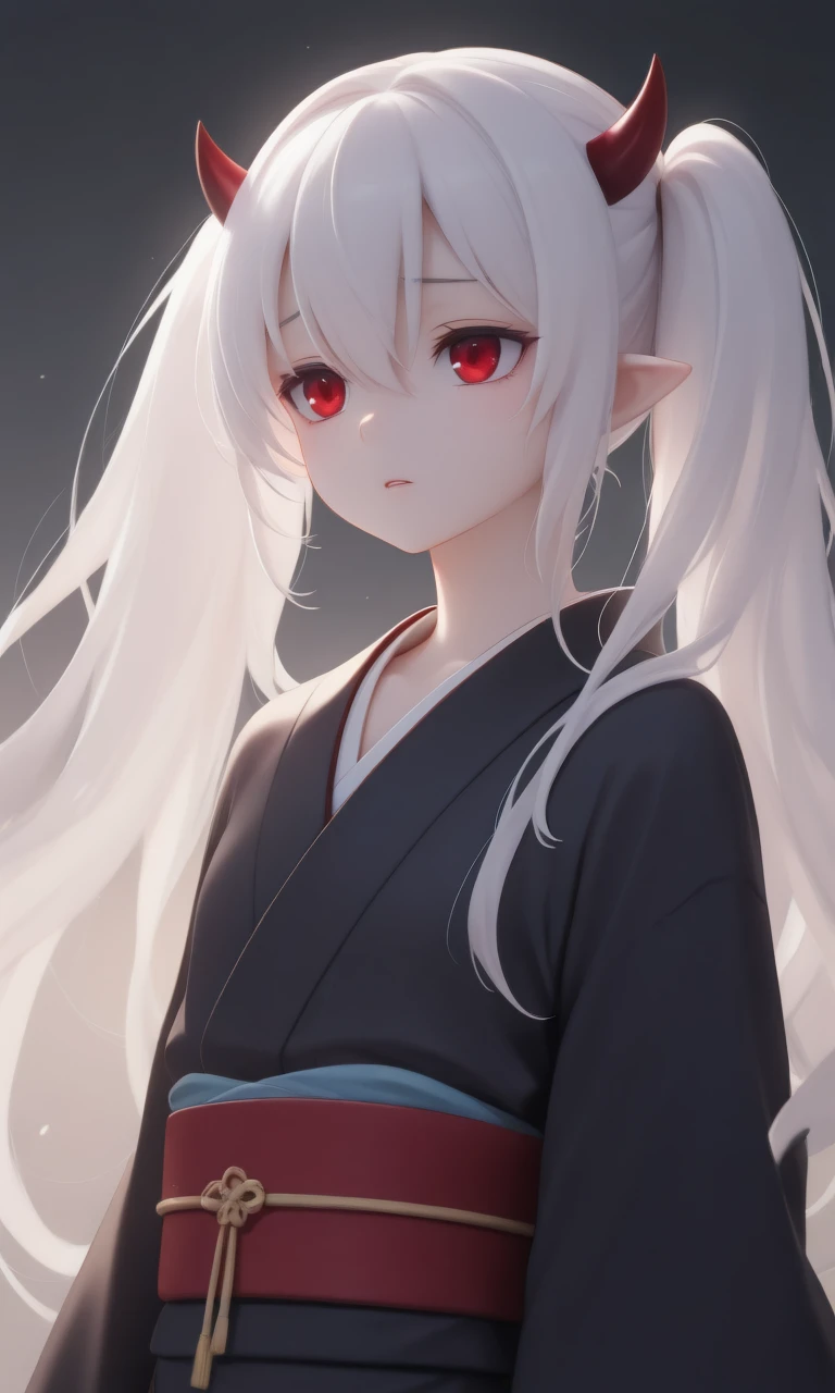 4K, best quality, high resolution, cinematic lighting, studio lighting, soft glow
; from_front, portrait, indoor, studio
; <lora:Yuki-Usagi_SDXL:0.8> yuki_usagi, flat_chest, long_hair, red_eyes, twintails, white_hair, horns, pointy_ears, albino
, standing, arms_at_side
, japanese_clothes, black_kimono, obi, sash
, sad, parted_lips, looking_afar