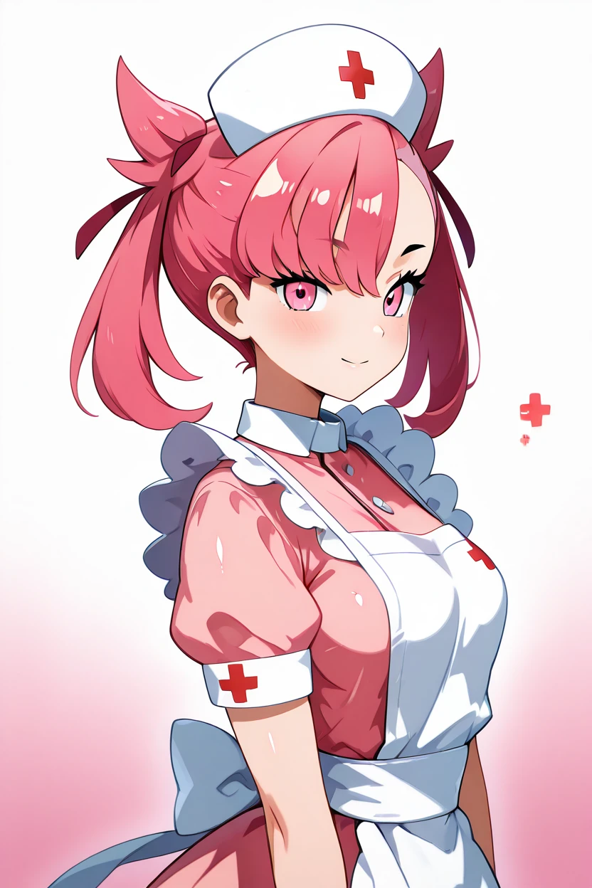 masterpiece, best quality, 1girl, solo, (beautiful eyes), zzNurseMarnieCitron, pink eyes, hair ribbon, medium hair, pink hair, asymmetrical bangs, ribbon, nurse, pink dress, white apron, nurse cap,  <lora:NurseMarnieIXL:1.0>,   <lora:HaradaTakehitoIXL_v3:1.3>,upper body, side view, smile, looking at viewer, shiny skin,