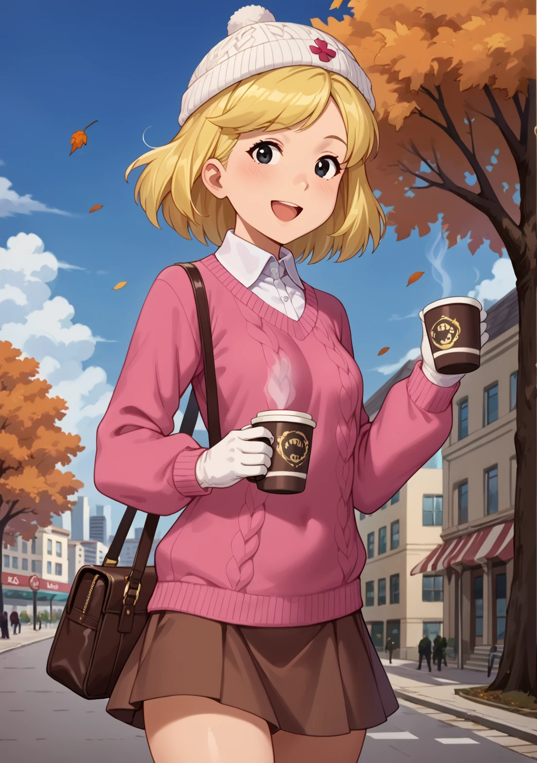 score_9, score_8_up, score_7_up, BREAK, masterpiece, highres, emilyelizabeth, blonde hair, short hair, smile, thighs, black eyes, long sleeves, white skin, pale skin, white collar, brown knit hat, cardigan sweater, pink sweater, brown purse, white gloves, puffy gloves, brown skirt, city, skyscraper, holding coffee, bookstore, maple leaves, open mouth, smile, swirling, looking at viewer, blue sky, park, autumn <lora:Emily_Elizabeth:1>