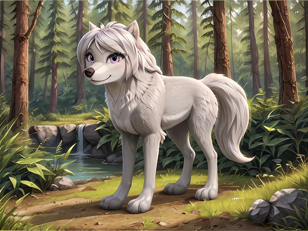 ((feral)), quadruped, wolf in detailed forest, female, detailed silver-gray and white fur, lilly wolf, fluffy fur, (lavender eyes), female, smile, solo, detailed eyes, anatomically correct, body correct, (standing), cute, wolf tail correct, three-fingered paws, full body, beautifull effect, <lora:LillySDXL1:0.8>