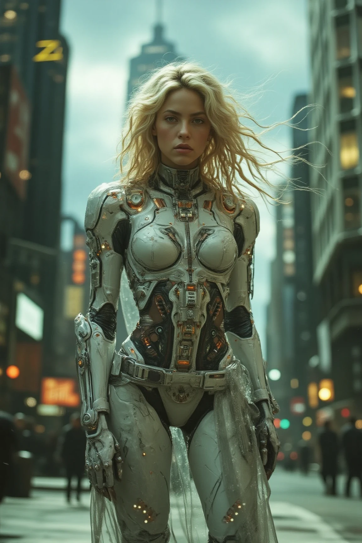 A futuristic blonde femme fatale stands tall, her cybernetic robot attire glistening under soft even lighting. Her medium-bodied figure is centered in a medium-shot, as she locks eye contact with the viewer, her gaze piercing through the digital haze of the cityscape behind. Every detail of her face and eyes are meticulously rendered, inviting us into this futuristic world where technology meets humanity.