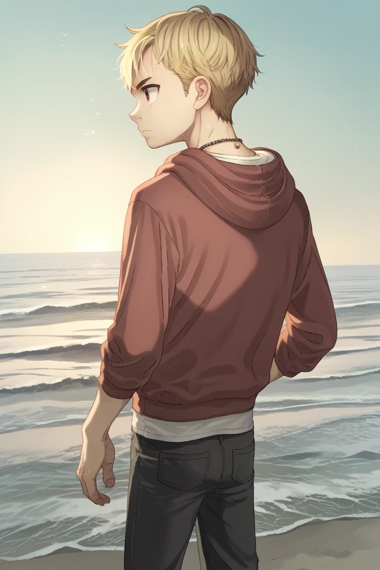 , score_9, score_8_up, score_7_up,    ozzzzyStyle,    1boy, child, looking to the side, back view, beach, black pants, blonde hair, brown jacket, closed mouth,  jacket, jewelry, long sleeves, male focus, necklace, ocean, pants, red eyes,  red hoodie,  shirt, short hair, solo, sunset, white shirt