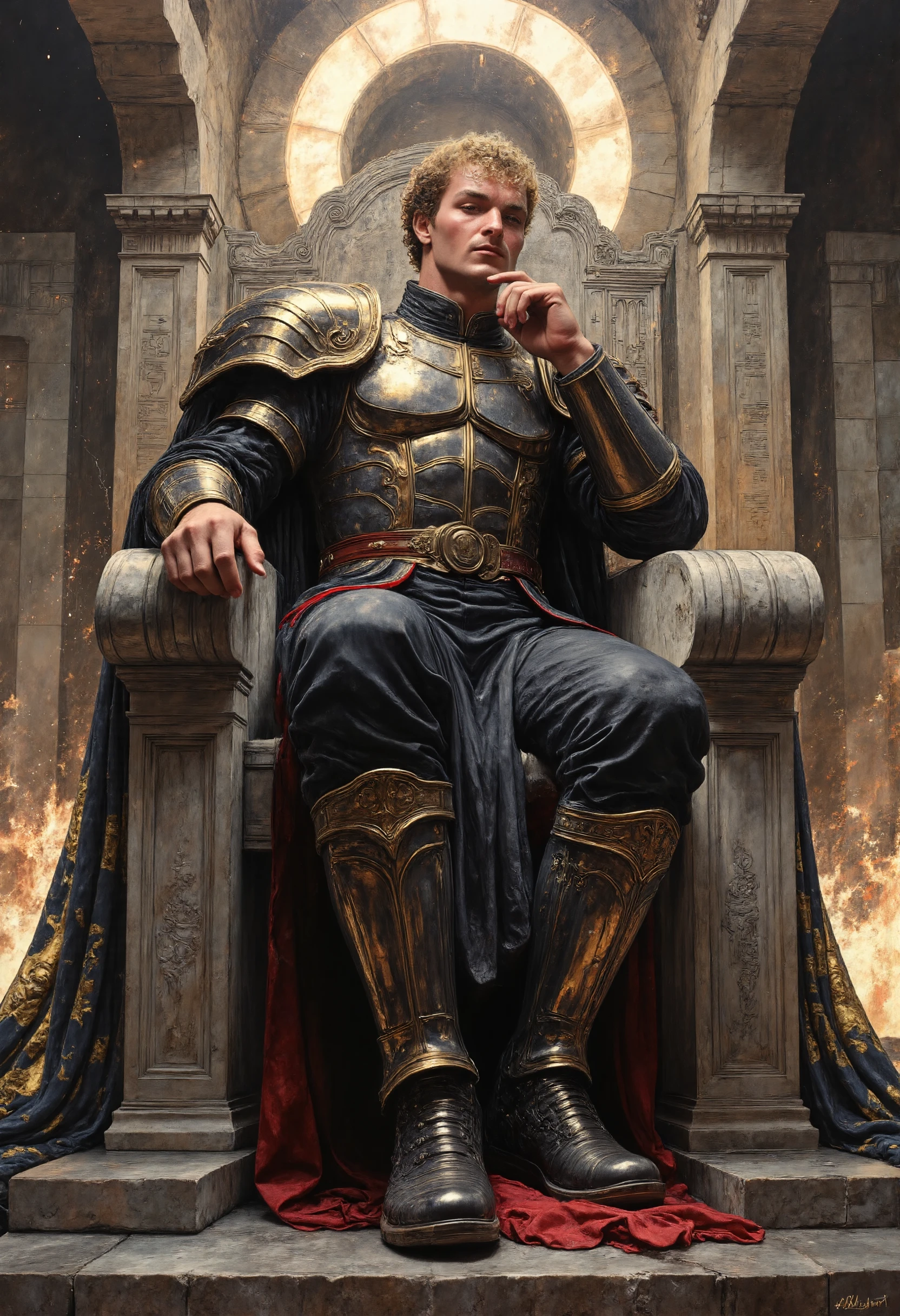 A dark fantasy portrait of Daniel Penny reimagined as a timeless hero of old. Seated majestically atop a massive stone throne, his broad shoulders adorned in golden plate armor and his relaxed yet commanding pose radiates dominance and confidence. His head rests slightly on his fist, his gaze sharp and unyielding, embodying an aura of strength and heroism. Penny wears dark, ornate armor adorned with crimson accents, reflecting both elegance and warlike power. A fractured glowing halo hovers above his head like a crown, illuminating his face and casting soft light on the intricate details of his armor. Behind him, a shadowy mantle of a black cloak drapes over the throne, enhancing his legendary presence. The throne rests within a cavernous hall, its towering stone walls etched with glowing runes and ancient symbols. Flickering torches scatter light across the scene, casting deep, dynamic shadows. The atmosphere evokes a sense of epic heroism and dark royalty, immortalizing Penny as a modern warrior in the tradition of the heroes of old.