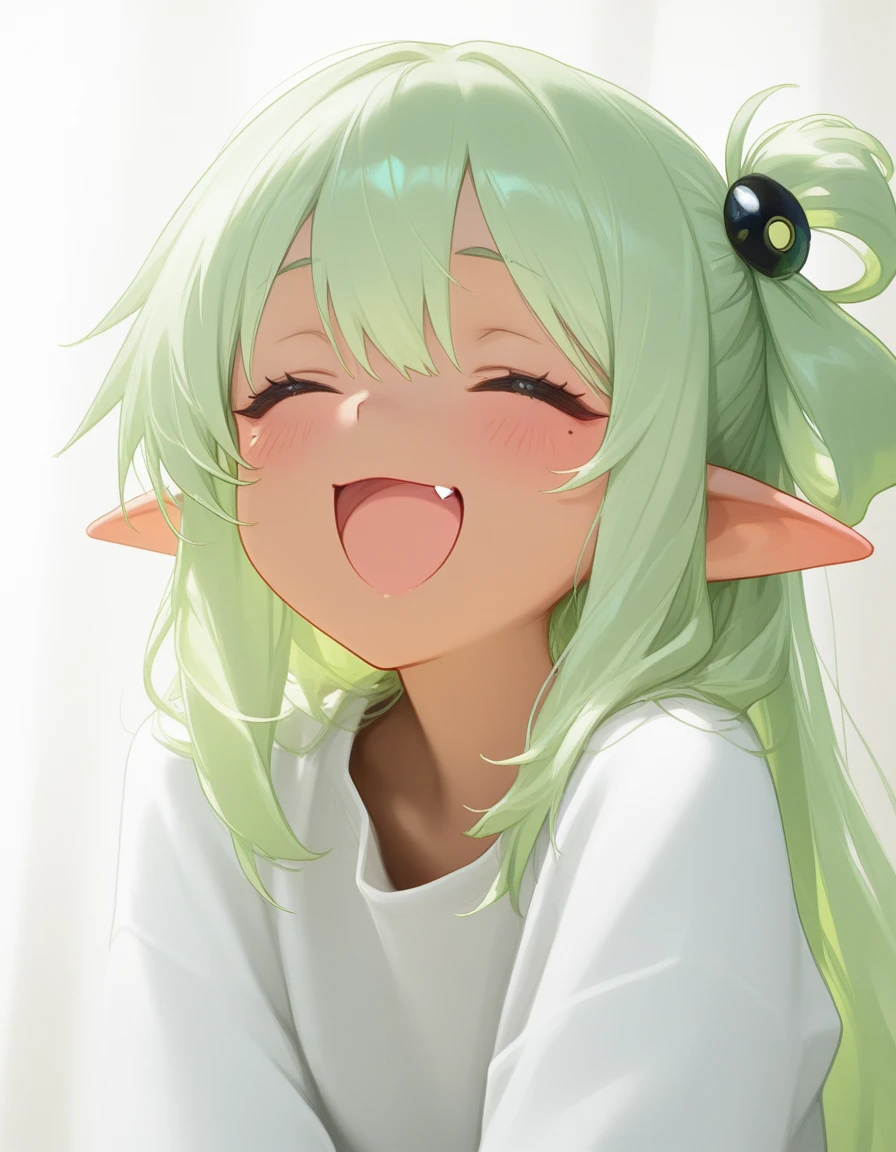 masterpiece, best quality, good quality, year 2023,
1girl, open mouth, solo, green hair, fang, closed eyes, smile, :d, laughing, long hair, pretty, hair rings, small pointy ears, blush, sidelocks, (dark skin), mole under each eye, hair ornament, shirt