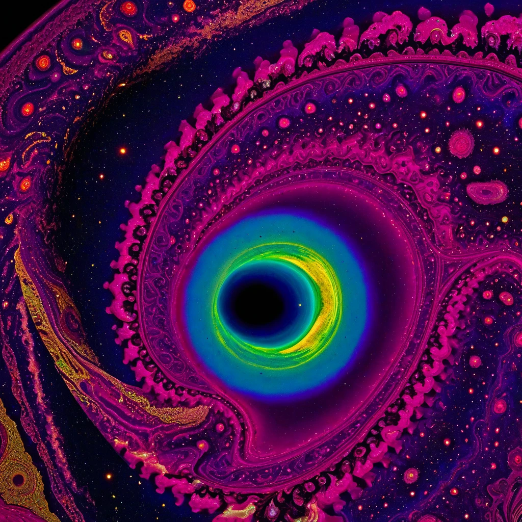 a telescope photo of the galaxy solar system  showing psychedelic vibrant and intricate paisley pattern featuring teardrop-shaped motifs, planetary elements, and swirling designs in bright 
shades of blue, pink, yellow, and green, set against a deep purple saturn 