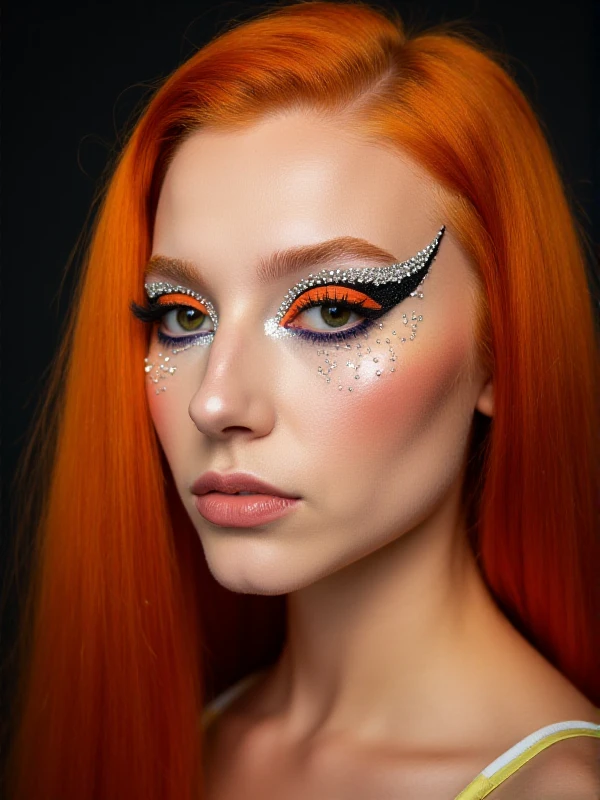 euphoria makeup, portrait, a redhead woman with long hair wearing eye makeup, eyeshadow, glitter, diamonds, frekles. Highly detailed <lora:Euphoria_Makeup_Style-000005:0.9>