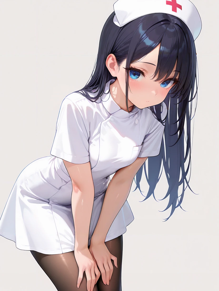 masterpiece,amazing quality,best quality,ultra-detailed,8K,illustration,CG,shiny hair,clear skin,ultra-detailed-eyes,simple background,cute girl, eyelashes <lora:nurse_illustrious_V1.0:0.7> nurse, short sleeves, white dress, nurse cap,pantyhose