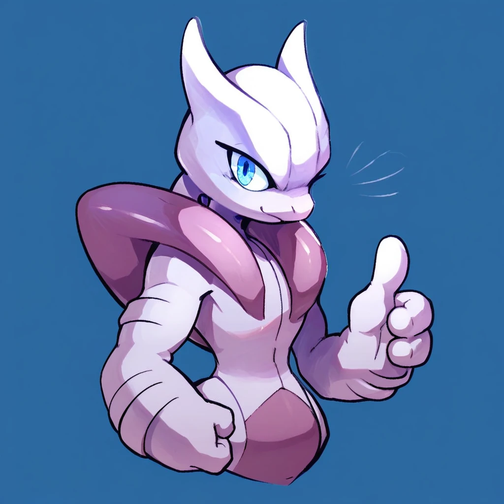 Score_7_up, score_8_up, solo, pokemon (creature), MMewtwoX, blue eyes, (thumbs up, upper body), looking at viewer, simple background,