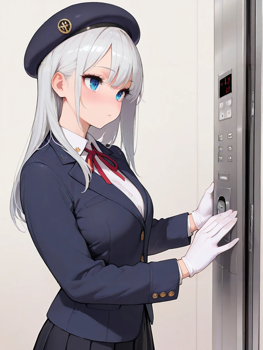 masterpiece,amazing quality,best quality,ultra-detailed,8K,illustration,CG,shiny hair,clear skin,ultra-detailed-eyes,simple background,cute girl, eyelashes <lora:elevator girl_illustrious_V1.0:1> elevator girl, elevator,door,beret, gloves, skirt,  jacket