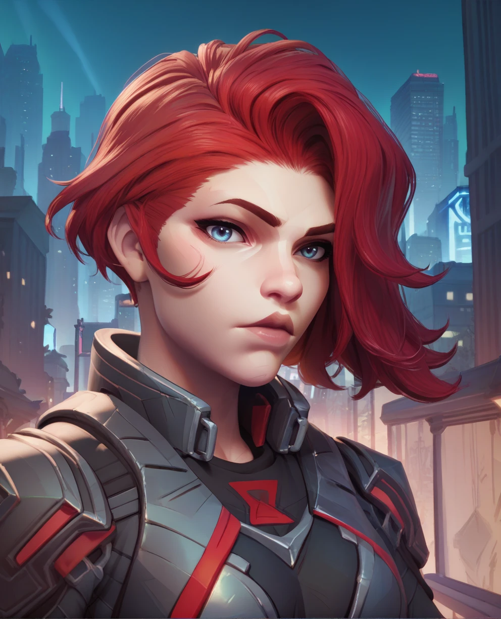 score_9,score_8_up,score_7_up,score_6_up,score_5_up,score_4_up,
blckwdwmr, red hair,blue eyes,hair swept,
black bodysuit,armor,
standing,upper body,looking at viewer,
solo,
night,city,<lora:BlackWidowMR:0.9>,