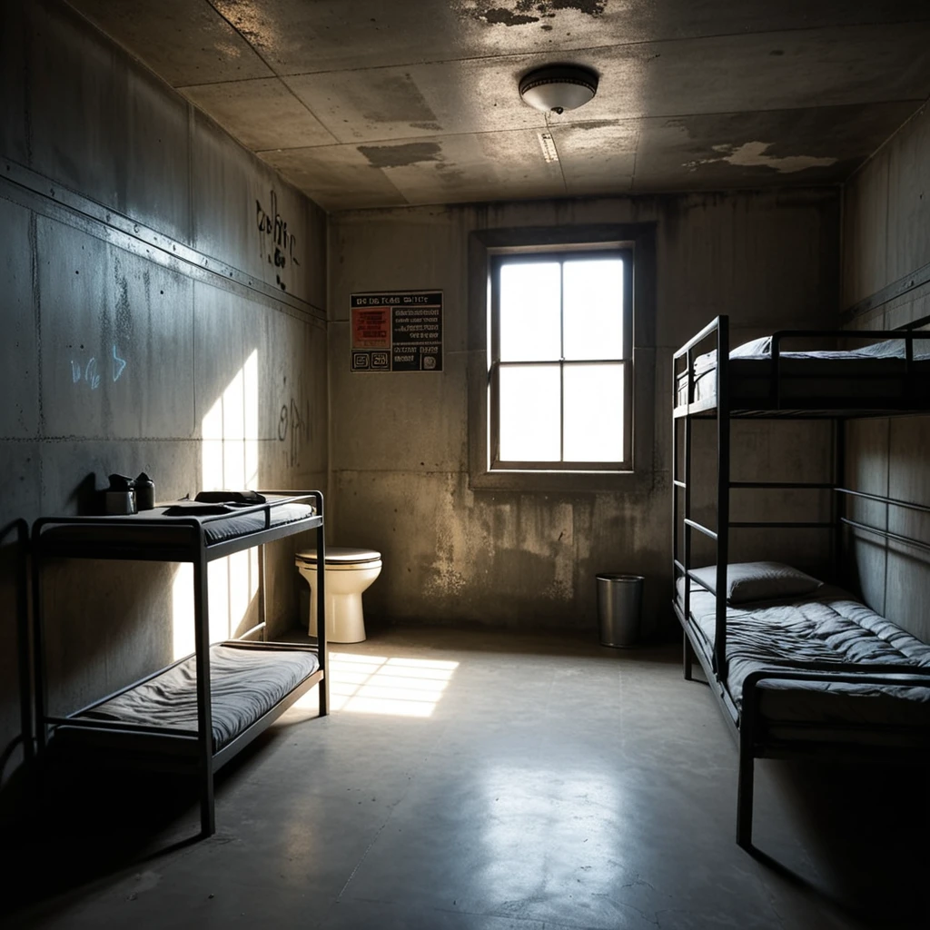 A dimly lit prison cell with cold, gray concrete walls, a small barred window letting in a faint beam of light, and a bunk bed with a steel frame and thin, worn mattresses stacked one above the other. A simple steel toilet is positioned in the corner, and a scratched wooden desk sits nearby. The atmosphere feels oppressive and isolated, with shadows casting stark contrasts on the walls. The floor is cracked and uneven, and faint graffiti etched into the walls hints at the stories of previous occupants. The room exudes a sense of confinement and solitude.