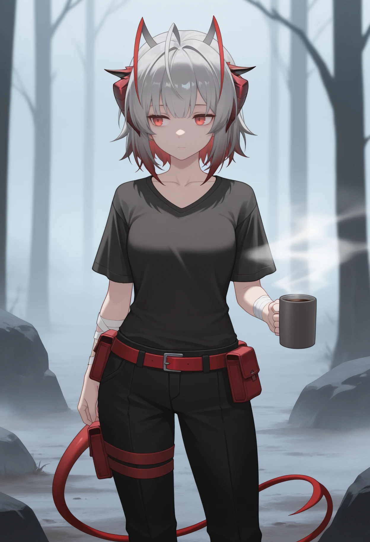 masterpiece, best quality, solo, 1girl, wfugue, demon tail, expressionless, looking away, standing, arm at side, holding coffee mug, short hair, multicolored hair, grey hair, red hair, ahoge, antenna hair, demon horns, red eyes, black shirt, short sleeves, black pants, red belt, belt pouch, thigh pouch, bandages, bandaged arm, collarbone, outdoors, fog, dirt, tree, rock
<segment:yolo-Anzhc Face seg 640 v2 y8n.pt,0.4,0.5//cid=1>