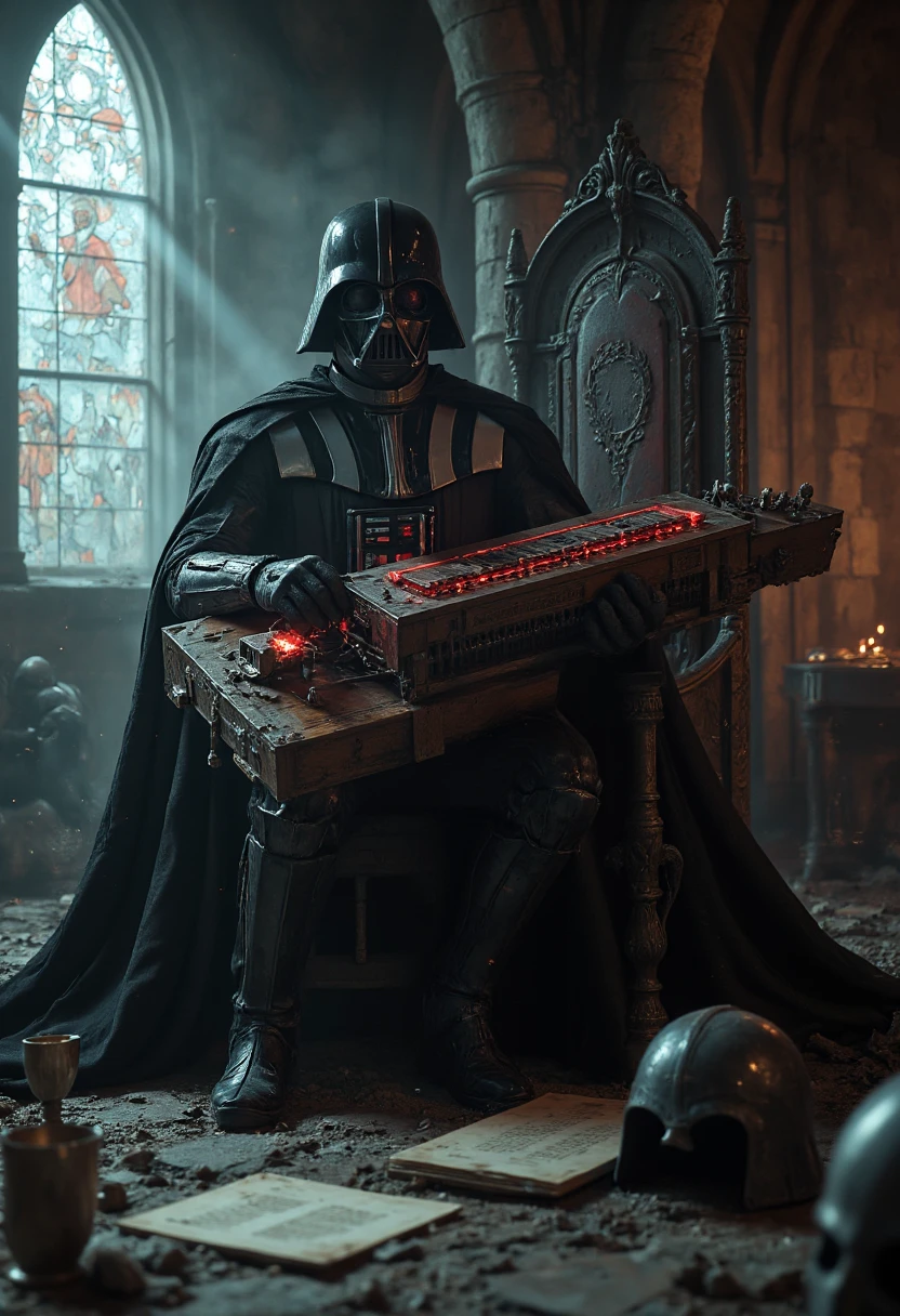 A dramatic, cinematic scene featuring Darth Vader, the iconic Star Wars villain, playing a hurdy-gurdy. He is seated on a gothic-style throne in the middle of a dimly lit, medieval stone chamber. The hurdy-gurdy is ornately designed, blending medieval craftsmanship with sci-fi aesthetics: glowing red and black accents, subtle lightsaber-like glows running through its strings and crank, and the Imperial crest carved into the wood.

The atmosphere is dark and moody, with beams of pale light breaking through tall, stained-glass windows depicting scenes of both medieval knights and galactic battles. Vader’s cape cascades dramatically down the throne, pooling on the ground. His black, menacing armor gleams faintly under the light, with reflections of the glowing hurdy-gurdy strings subtly dancing across its surface.

As Vader plays, his gloved hands delicately turn the crank and press the keys with precision, contrasting his usual image of power and destruction. The air is thick with suspense as holographic notes and abstract visualizations of sound emanate from the hurdy-gurdy, swirling around the room like ethereal, glowing mist. Small flickers of static electricity spark in the air as the music builds to a haunting, medieval-style melody.

In the foreground, scattered medieval objects—such as goblets, scrolls, and a broken helmet—lie on a stone table, all slightly tinged with futuristic enhancements (e.g., metallic sheen, faint holographic displays). In the background, a heavy, wooden door reinforced with futuristic metal panels creaks open slightly, revealing the silhouette of a stormtrooper hesitating to interrupt.

The overall mood is an eerie fusion of medieval and sci-fi elements, with Vader embodying both a brooding musician and a dark, omnipotent force.