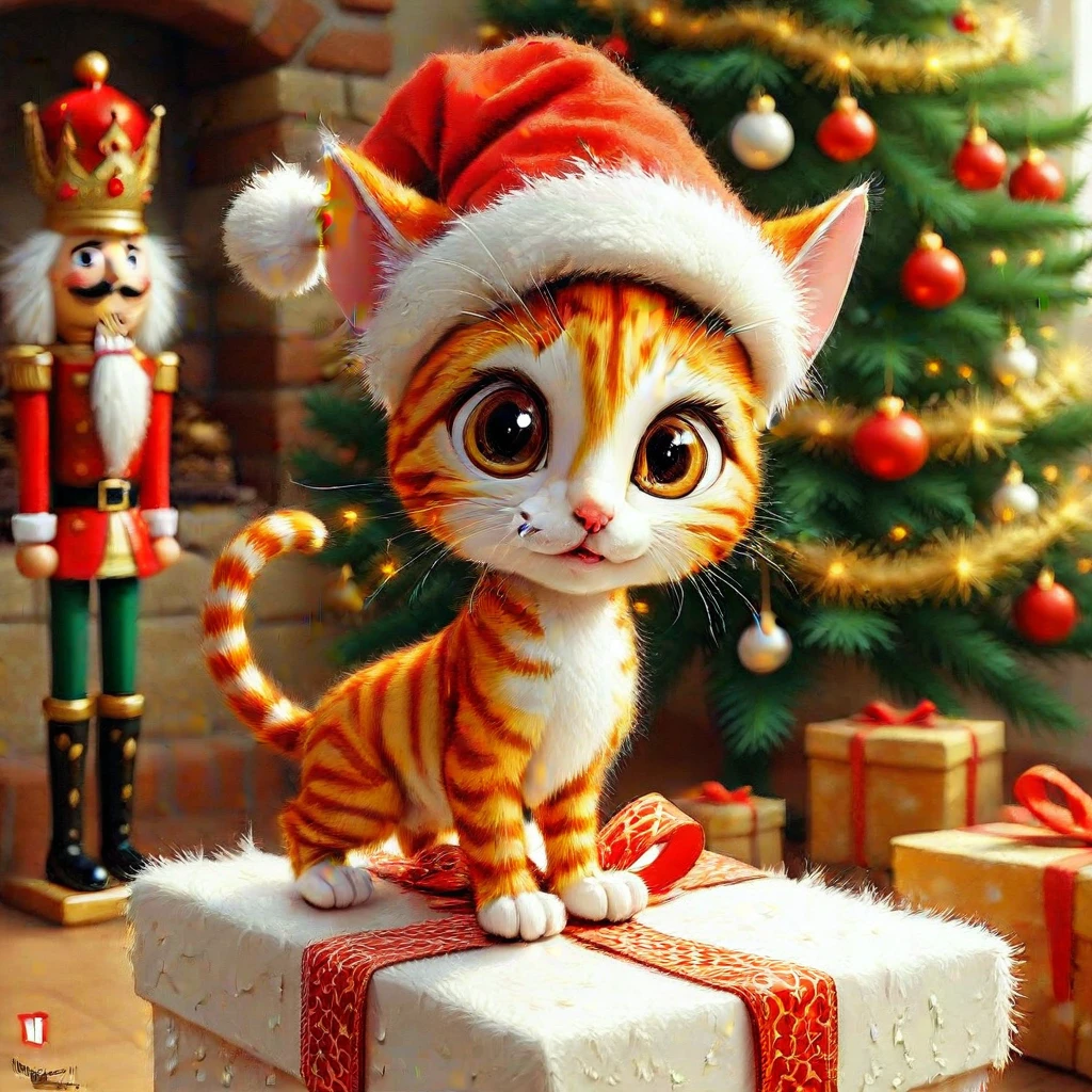 The festive scene depicts an adorable fiery red tabby cat wearing a Santa hat with white pom-poms on top. The kitten's sleek, athletic body is decorated with noticeable stripes, mostly red with hints of pink. It stands on a plush white surface that resembles a gift box, with a red-white-gold checkered ribbon at the base. In the background is a beautifully decorated