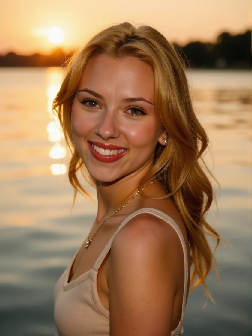 <lora:Scarlett_Johansson_2000s:1> woman, smiling, a high-quality, extremely-detailed, extremely-realistic photograph, wearing a modest sundress and flipflops, background is sunset over a crystal clear lake with a surface as smooth as glass, lighting and smoke effects, strong backlighting, golden hour <lora:zz_s_Stylish_Lighting:0.5>, looking directly at the viewer, looking directly at the camera, making eye contact, looking straight ahead, moist red lips, eye shadow, eye liner, blush, professional makeup, modest clothes, modest apparel, chest covered, modesty <lora:zz_s_Chest_Size_Slider:-2>