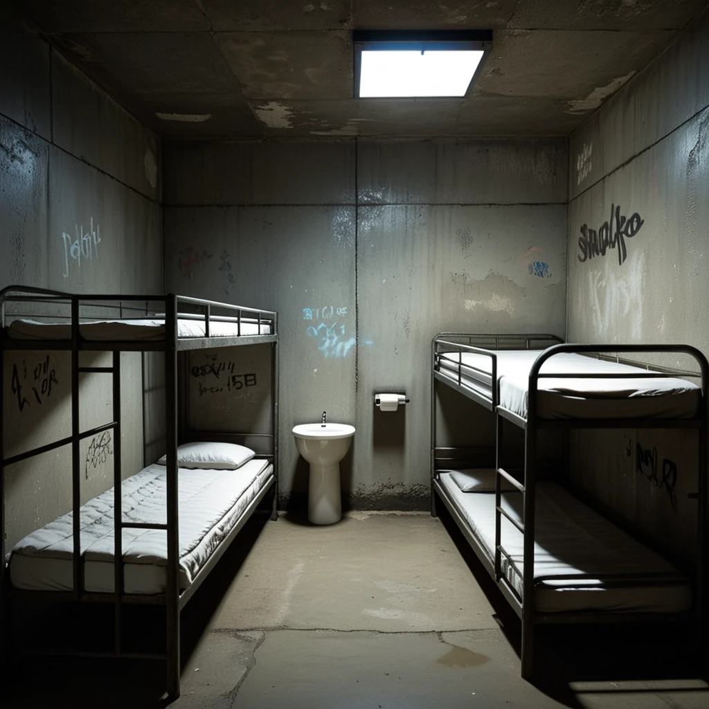 A dimly lit prison cell with cold, gray concrete walls, a small barred window letting in a faint beam of light, and a bunk bed with a steel frame and thin, worn mattresses stacked one above the other. A simple steel toilet is positioned in the corner, and a scratched wooden desk sits nearby. The atmosphere feels oppressive and isolated, with shadows casting stark contrasts on the walls. The floor is cracked and uneven, and faint graffiti etched into the walls hints at the stories of previous occupants. The room exudes a sense of confinement and solitude.