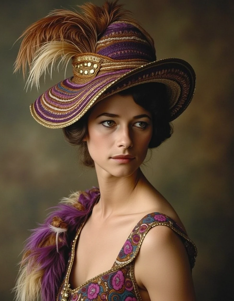 <lora:charlotte-rampling-flux:1.1> the, her, woman, and, has elegant classic 1900s portrait giant elegant elaborate hat with colorful feathers low neck line showing bosom