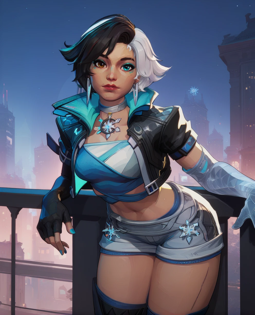 score_9,score_8_up,score_7_up,score_6_up,score_5_up,score_4_up,
lunamr,multicolored hair,heterochromia,makeup,brown eye,
cropped jacket,elbow gloves,earrings,choker,looking at viewer,
hips,shorts,  leaning forward, 
night,winter,
night,city,<lora:LunaMR-xl12alt:0.9>,